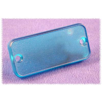 Rectangular, blue-transparent plastic cover with rounded corners and two side screw holes on a purple background.