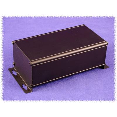Black rectangular metal enclosure with rounded edges, placed on a purple background.