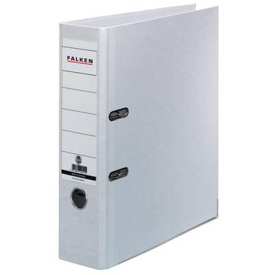 A white 'Falken' lever arch file with a label for writing and two metal clasps to secure documents.