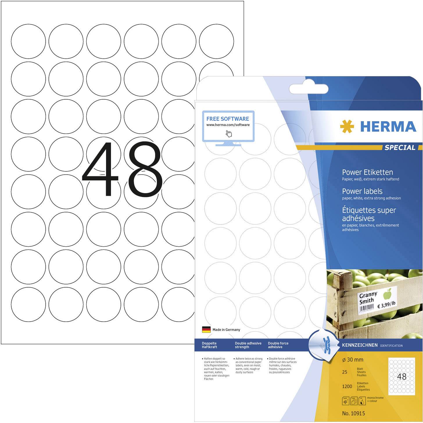 Herma 10915 Ø 30 mm Paper White 1200 pc(s) Permanent adhesive Adhesive labels (extra strong) Inkjet, Laser, Copier 25 Sheet A4