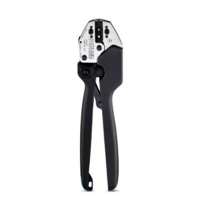 Crimping pliers on a white background. Tool for connecting cables with connectors. Ergonomic design, black handle.