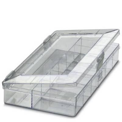 A clear, rectangular, hinged plastic container with multiple compartments for storing small items.