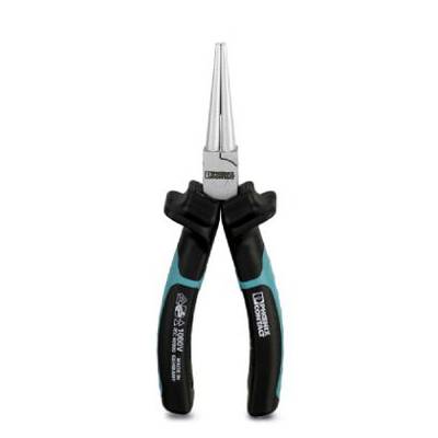 Pliers with a black handle against a white background.