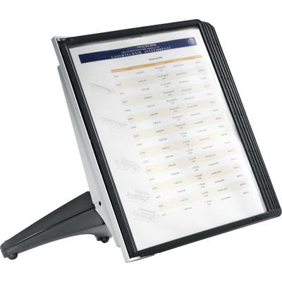 A slanted display stand shows a table with data on paper. The display stand has a sturdy black frame and base.