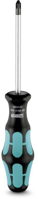 Screwdriver with ergonomic handle, black and teal design, suitable for cross-head screws.