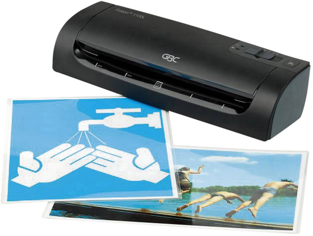 A laminating machine with two laminated images: one depicting hands under a tap, the other showing two people jumping into water.