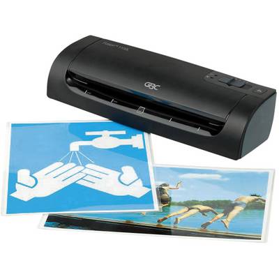 A laminating machine with two laminated images: one depicting hands under a tap, the other showing two people jumping into water.