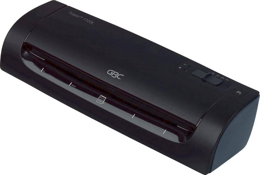 Black GBC laminating machine with two buttons on top and a slot for inserting paper at the front.