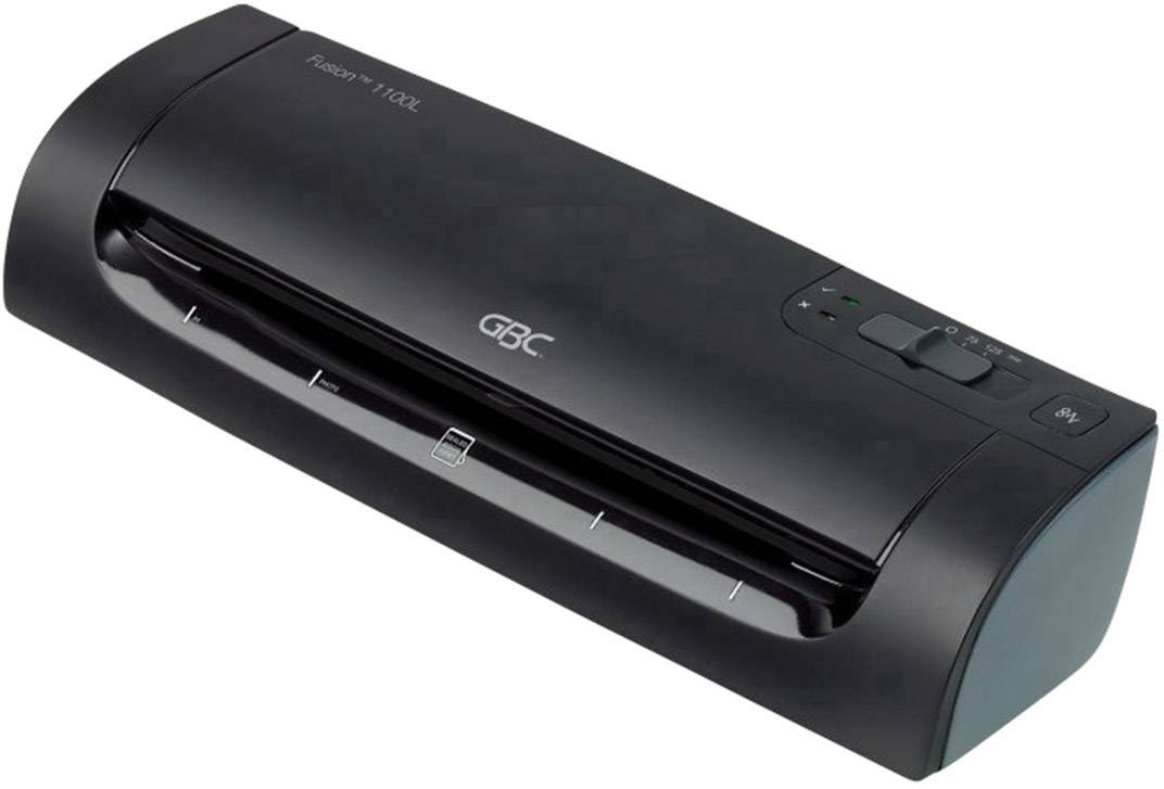 A black, modern laminating machine with the inscription 'GBC Fusion 1100L'. Ideal for laminating documents or photographs.