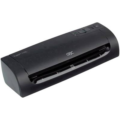 A portable laminating machine in black, model GBC Fusion 1100L, suitable for sealing documents up to A4 size.