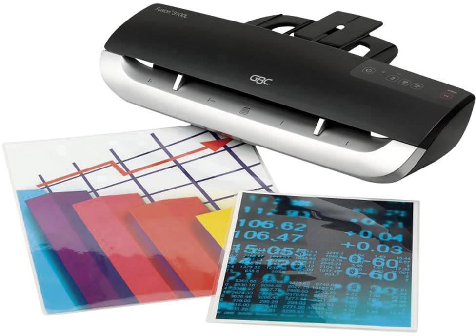 'Black and silver laminating machine with two laminated sheets underneath; one showing coloured graphics, the other blue numbers.'