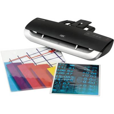 'Black and silver laminating machine with two laminated sheets underneath; one showing coloured graphics, the other blue numbers.'