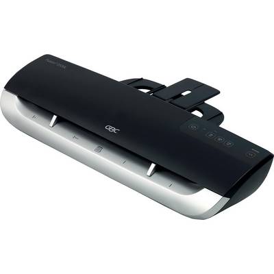A black laminating machine with a smooth surface, buttons on the right side, and several feed slots in the middle.