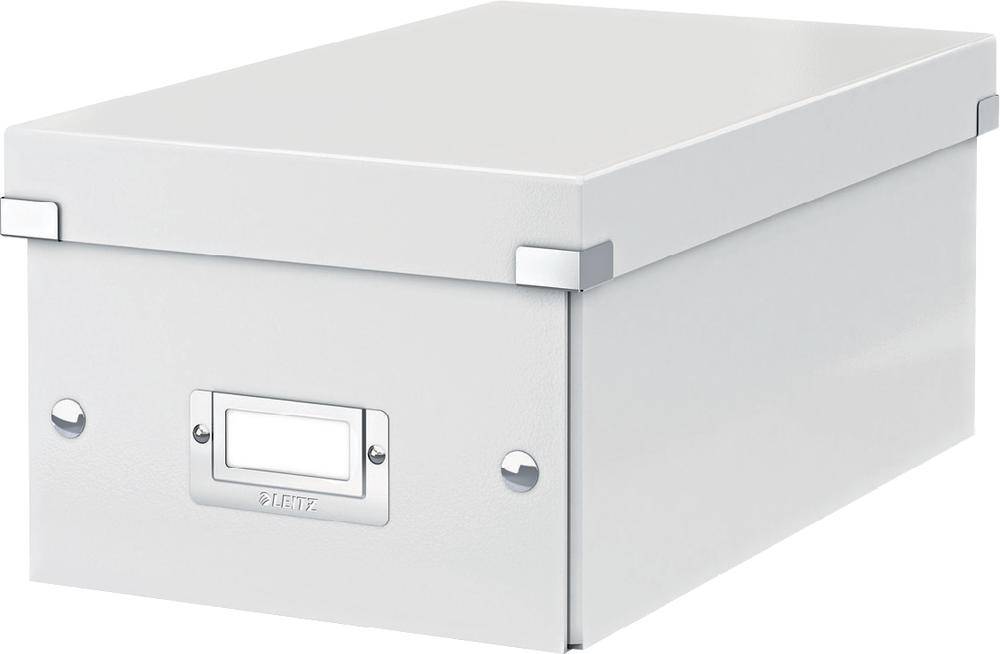 A white archive box with a label holder on the front. The box is closed and has metal reinforcements at the corners.