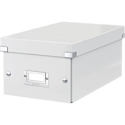A white archive box with a label holder on the front. The box is closed and has metal reinforcements at the corners.