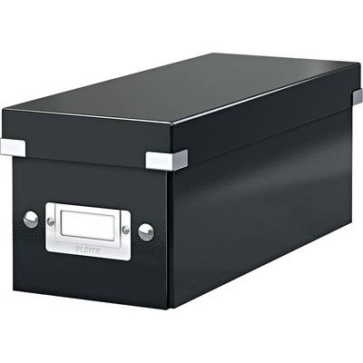 Black, rectangular archive box with metal fittings and a label holder on the front.