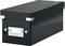 Black, rectangular archive box with metal fittings and a label holder on the front.