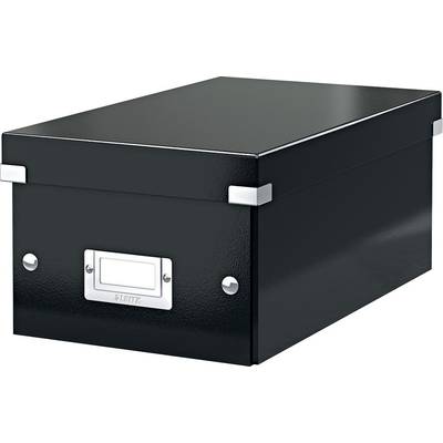 Black, rectangular storage box with lid and metal corner reinforcements, perfect for storing documents or items.