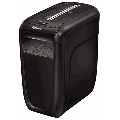 Black paper shredder with a transparent container, filled with paper strips.