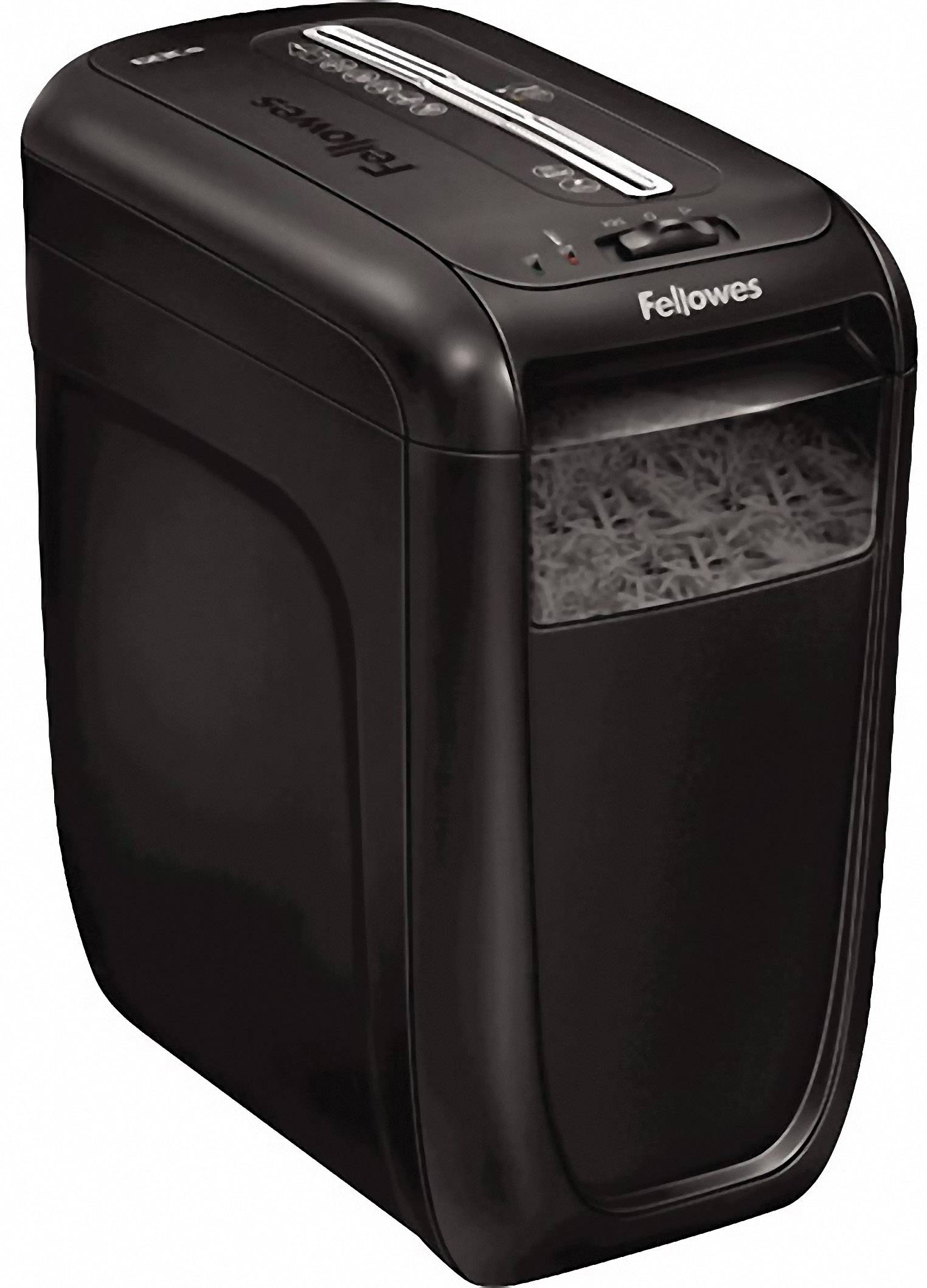 A black paper shredder with a transparent window, showing shredded paper inside. Suitable for office security.