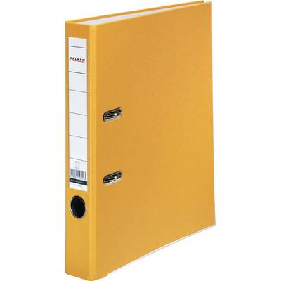 A yellow lever arch file with two metal rings and a white label on the spine for labelling.