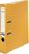 A yellow lever arch file with two metal rings and a white label on the spine for labelling.