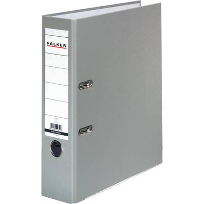 Grey lever arch file with two metal rings and a white label on the side, which reads 'Falken'.