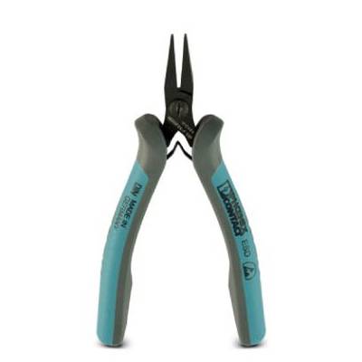A pair of long-nose pliers with blue handles is standing upright, shown with the tips pointing upwards, suitable for precise work.