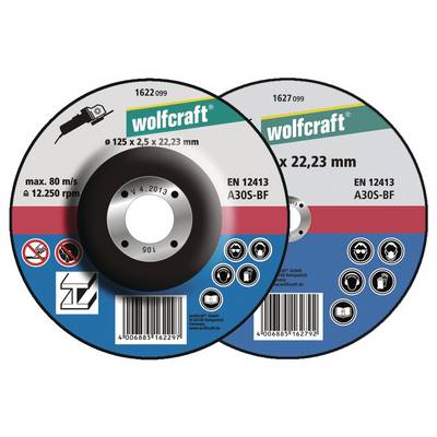 Two cutting discs by Wolfcraft with specifications including dimensions and details such as 125 x 2.5 x 22.23 mm and max. 80 m/s or 12,250 rpm.