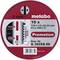 Round metal saw blade cutting disc with red background. Labelling: 'metabo', 'Promotion', Size: 115 x 1.0 x 22.23 mm.