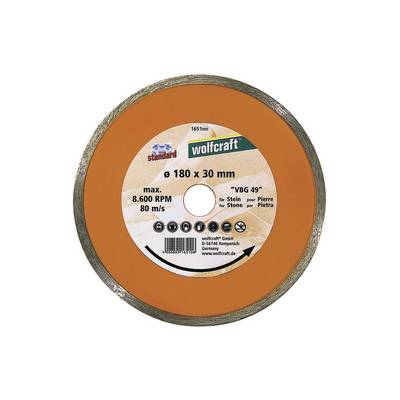 An orange cutting disc from Wolfcraft with a 180 mm diameter. Suitable for stone, maximum 8,600 rpm, 80 m/s.