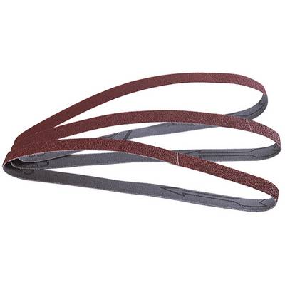 A sanding belt in red and grey. Ideal for sanding wood or metal.
