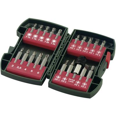An open set of screwdriver bits in various sizes and shapes, neatly arranged in a green plastic case.