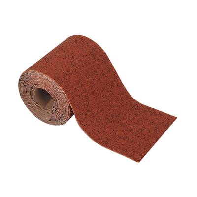 A roll of reddish-brown sandpaper, partially unrolled, on a neutral background.