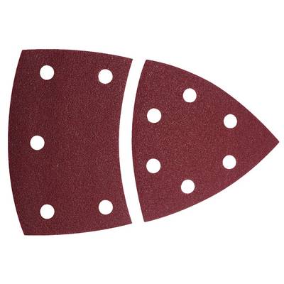 Two red sandpaper sheets with a hole pattern on a white background, one trapezoid-shaped, the other triangular.