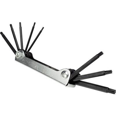 A silver hexagonal key holder with various sizes of black Allen keys, partially unfolded.