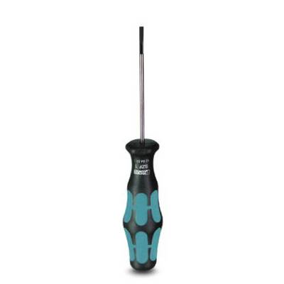 A screwdriver with a black handle and turquoise details, suitable for precision work.