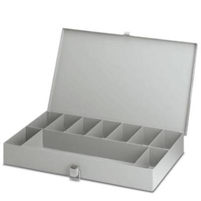 Grey storage box with an open lid, multiple equally sized compartments, suitable for organising small items.
