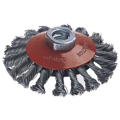 Wire brush with a red metal body and spirally arranged bristles. Suitable for removing rust and cleaning metal surfaces.