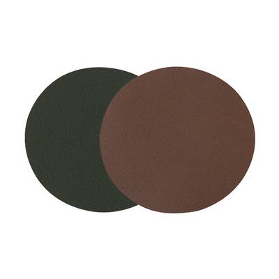 Two overlapping grinding discs, one dark green and the other brown, demonstrate different grinding materials.