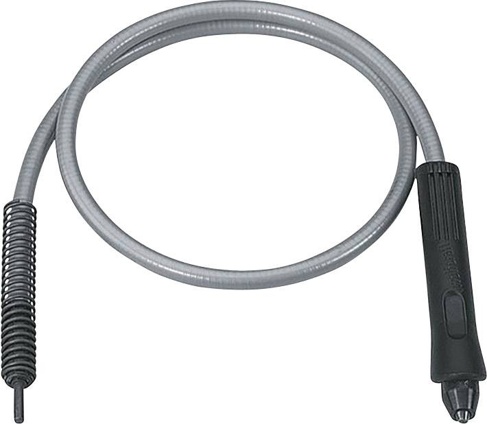 Flexible shaft with a black handle and spiral reinforcement at the opposite end, used for transmitting torque.