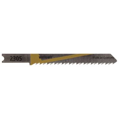 Metal saw blade with the inscription '2305', yellow stripe, brand 'Wertarbeit', and text 'Made in Germany' on a grey surface.