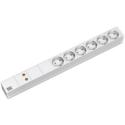Six-way power strip with switch and two indicator lights, suitable for connecting multiple electrical devices.