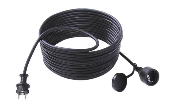 A long, coiled extension lead with plug and socket, black, suitable for outdoor use or long distances.