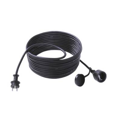A long, coiled extension lead with plug and socket, black, suitable for outdoor use or long distances.