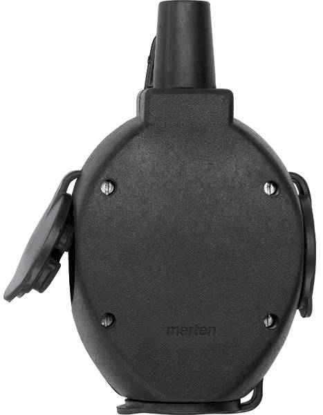 Black, oval socket housing with closed lid. Four side screws visible. 'Merten' marking on the front.