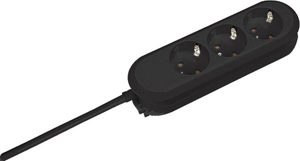 Three-way socket with black cable, suitable for connecting multiple electrical devices.