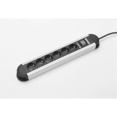 Six-socket extension lead with a black cable and power switch, lying on a white surface.