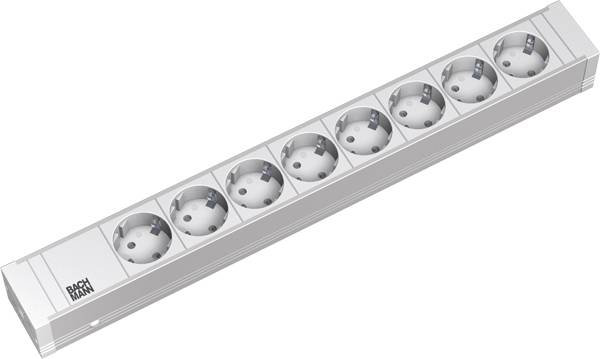 Silver power strip with eight socket outlets, suitable for electronic devices, arranged horizontally on a white background.