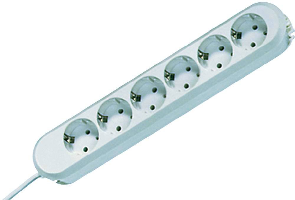 Six-way plastic power strip with white cable, all socket outlets are unused.